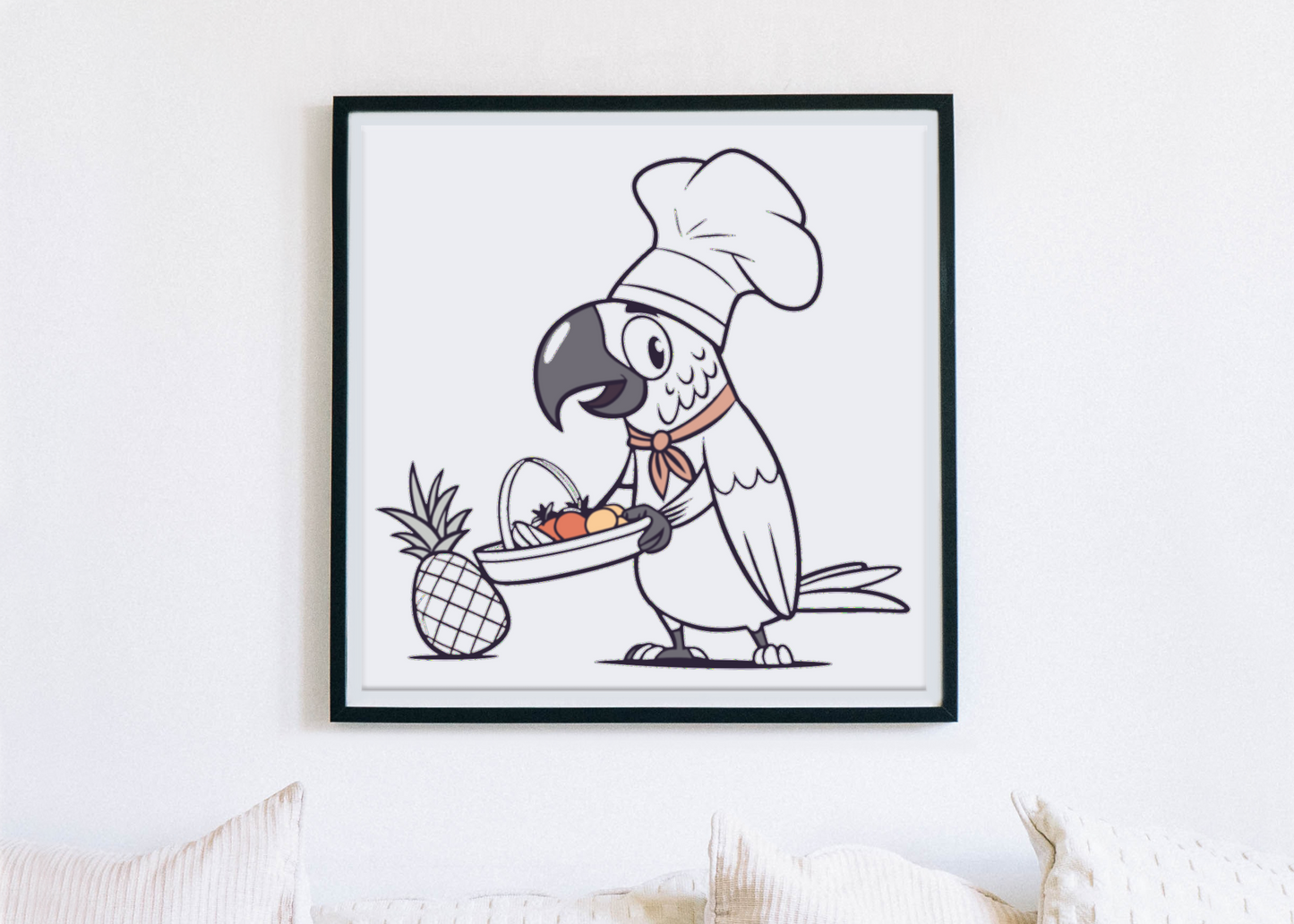 Cadre au design tropical avec perroquet chef tenant un panier de fruits colorés
