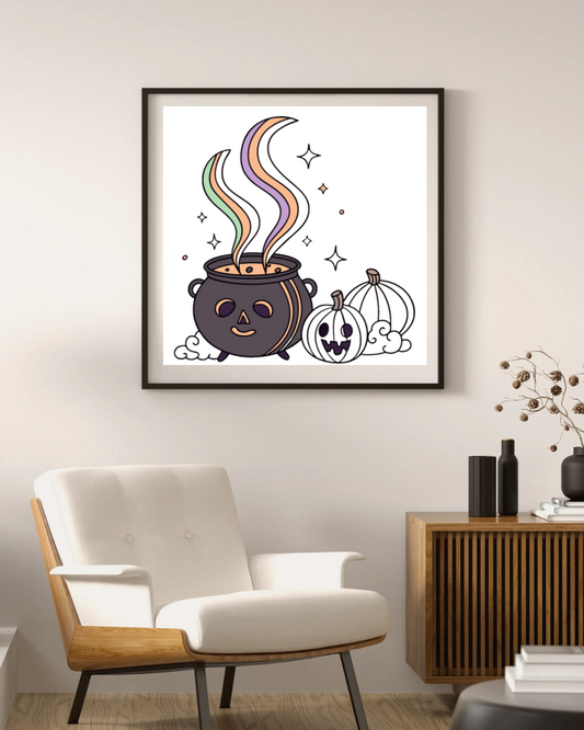 Cadre avec chaudron magique fumé illustré dans des tons pastel au style Halloween