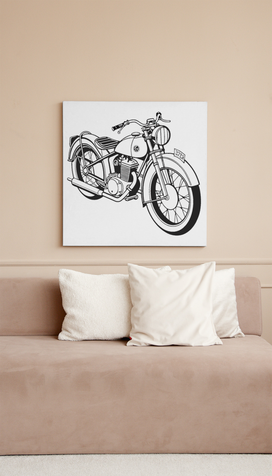 Illustration stylisée d'une moto rétro sur un mur intérieur