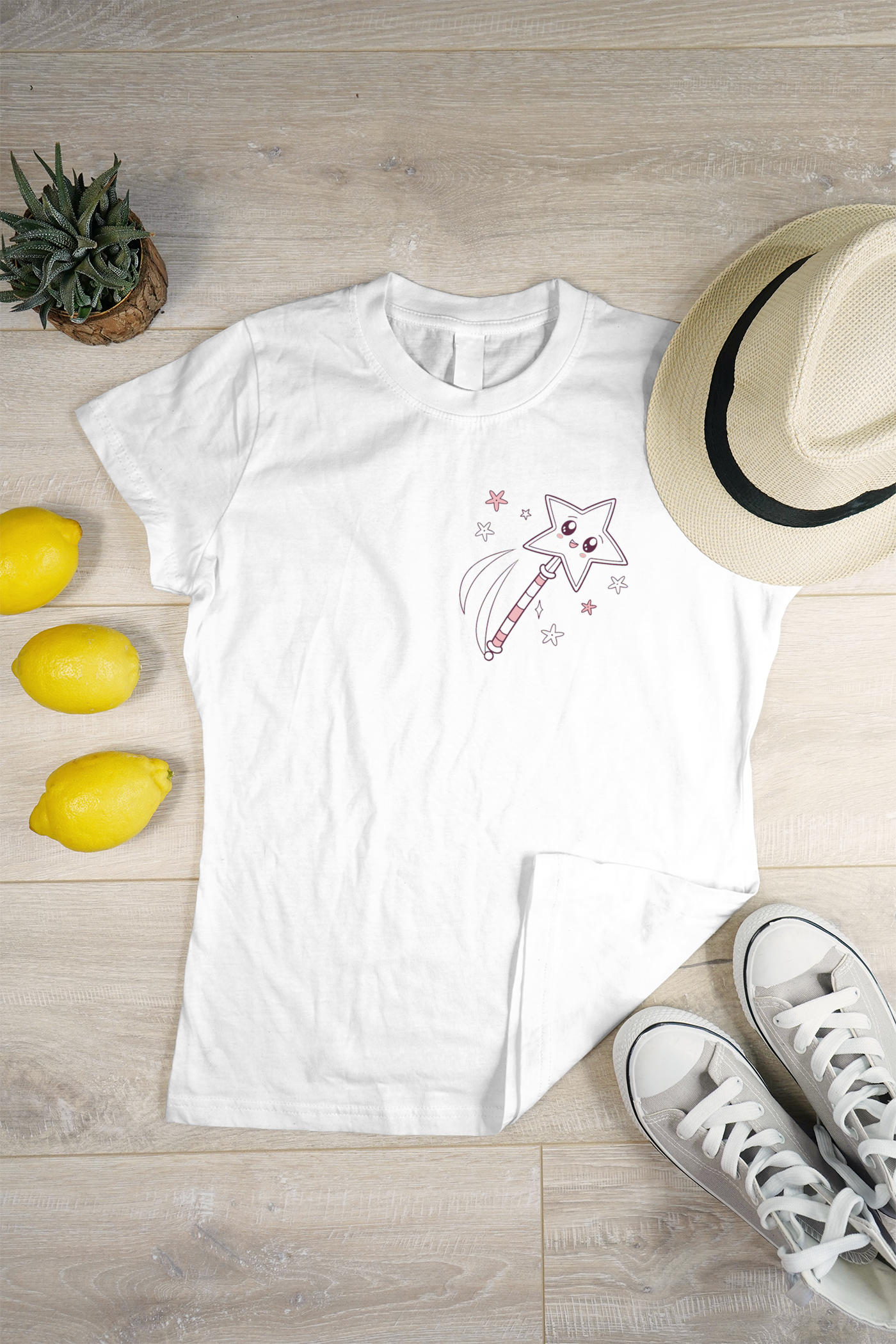 Illustration de baguette étoilée kawaii sur t-shirt, parfait pour mode enfantine