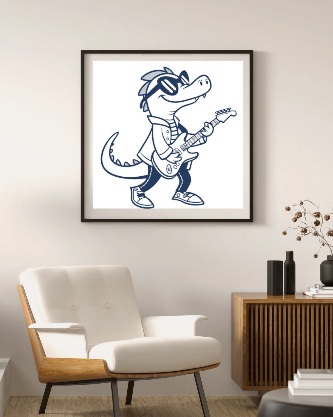 Cadre amusant avec crocodile musical style doodle, parfait pour ambiance festive