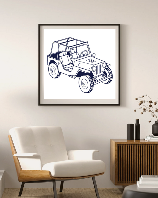 Mini 4x4 ancien en cadre rétro pour décoration artistique.