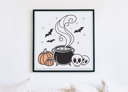 Cadre minimaliste sur fond blanc avec chaudron fumant et citrouilles, thème Halloween