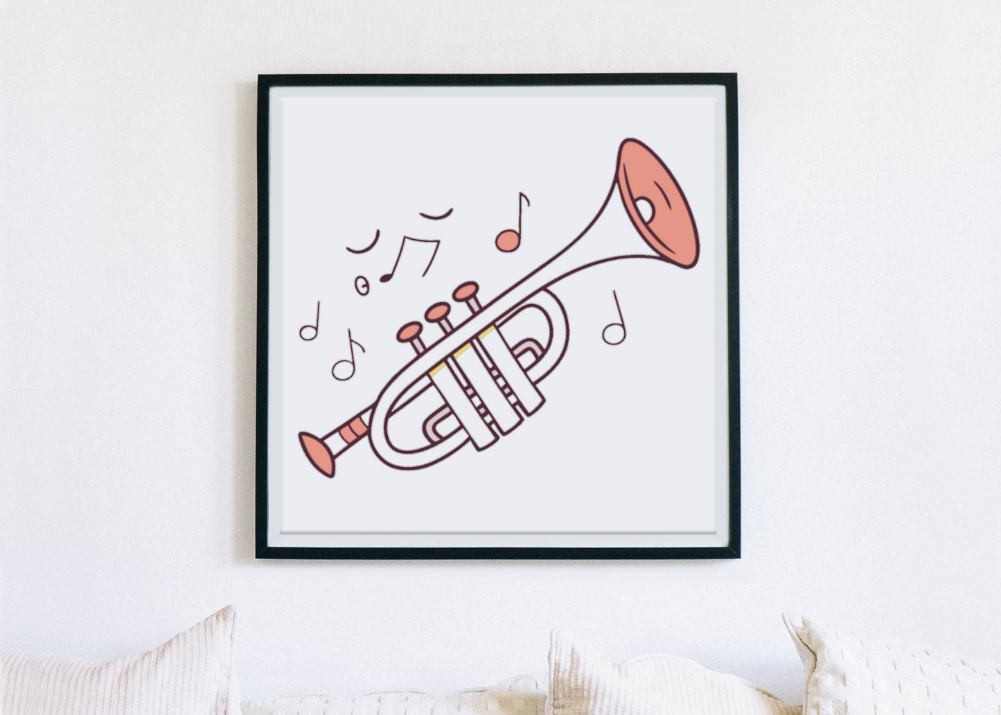 Cadre avec icône décorative de trompette dans un style dessin pour thème musical