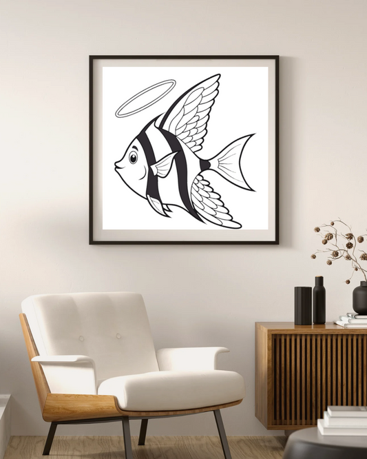 Cadre élégant avec poisson ailé divin en style vectoriel sur un fond marin