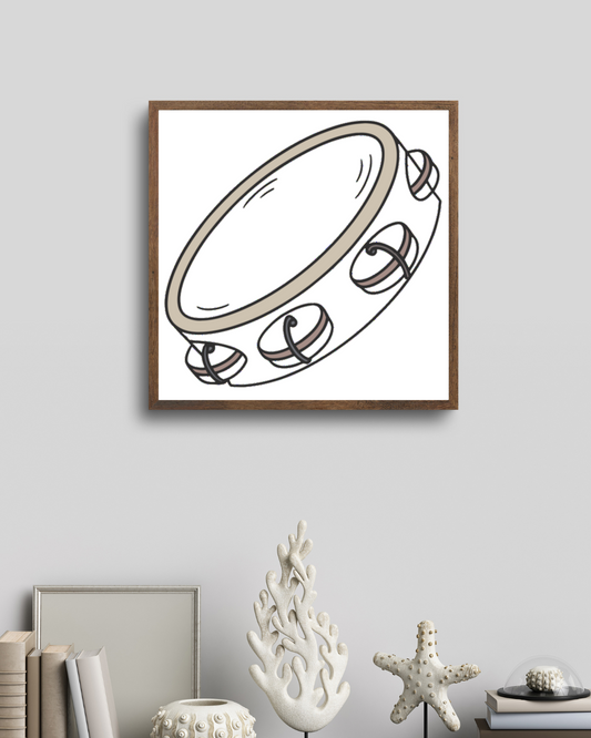 Cadre avec tambourin enjoué au style pastel créant une ambiance musicale