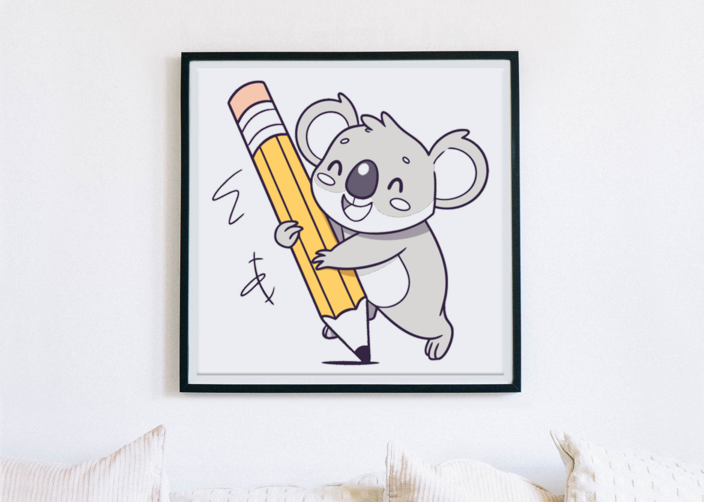 Cadre adorable avec un koala joyeux tenant un crayon géant décoratif et ludique