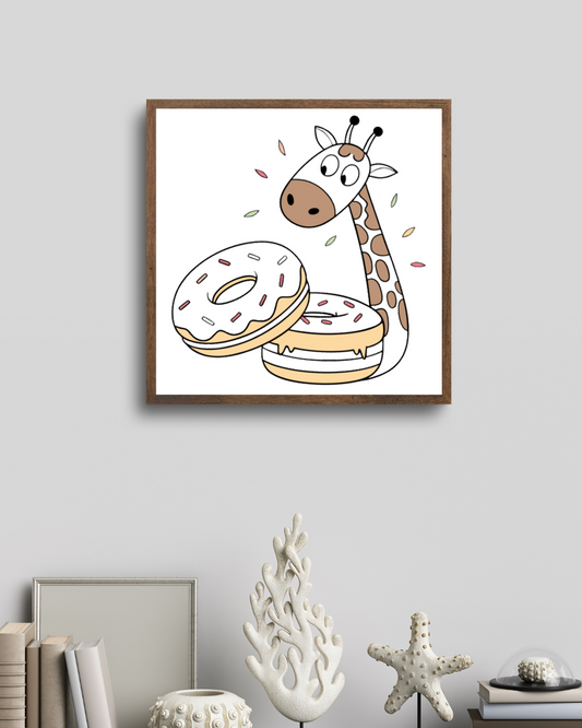 Cadre avec girafe stylisée dégustant des donuts, ambiance pâtisserie amusante