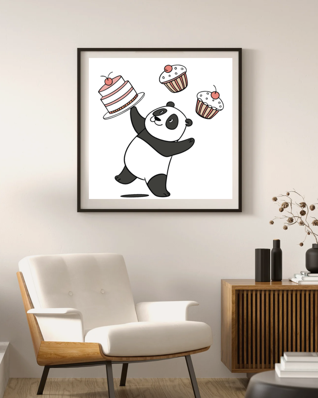 Mockup cadre accueillant un panda jonglant des gâteaux style déco délicate