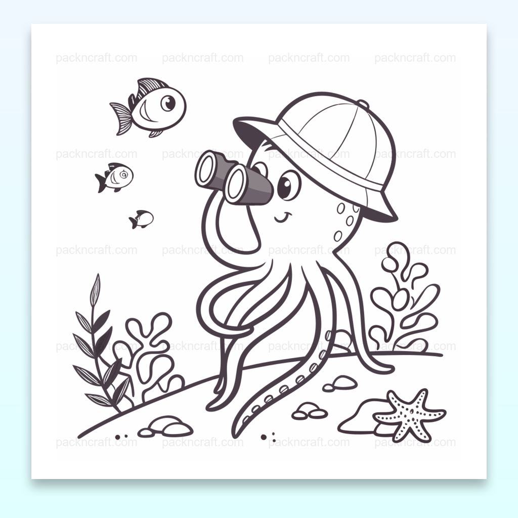 Poulpe explorateur admirant la vie marine, parfait pour stickers et projets DIY.