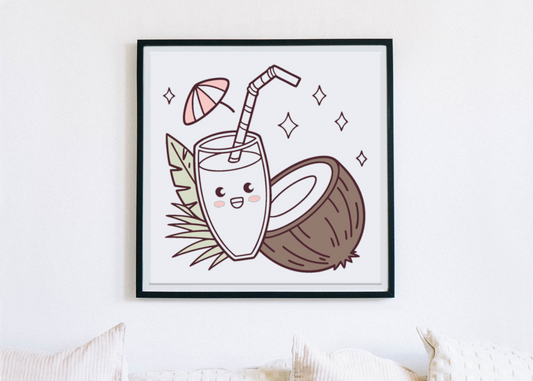 Cadre avec motif kawaii tropical de cocotiers et verre joyeux