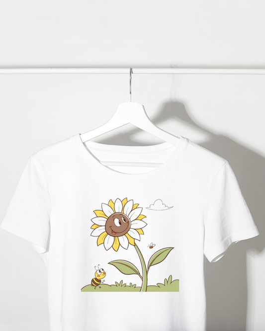 T-shirt avec design doodle chaleureux, comprenant un tournesol souriant et abeille