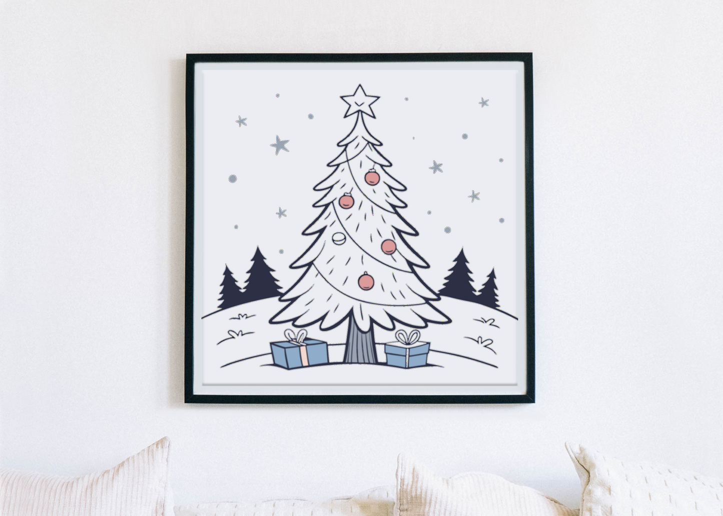 Cadre mettant en valeur un sapin minimaliste évoquant l'esprit festif de Noël