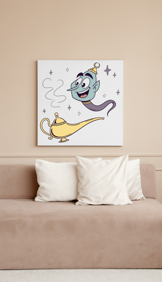 Cadre magique avec un génie souriant au style dessin sur le thème des contes