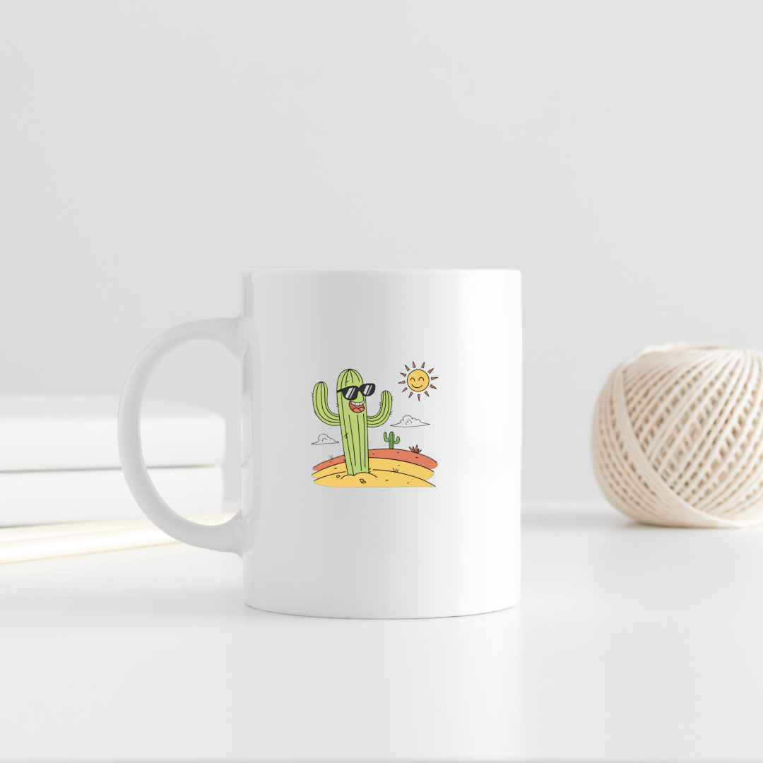 Mug avec cactus joyeux portant des lunettes dans un style cartoon désertique