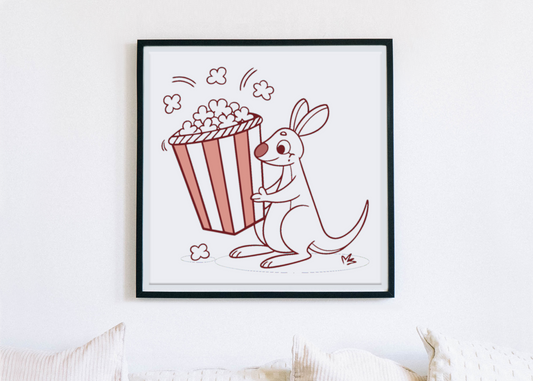 Cadre déco illustrant un kangourou avec du popcorn en style cartoon pour cinéphiles