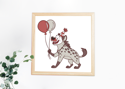 Cadre décoratif coloré avec hyène festive portant des ballons dans un style cartoon