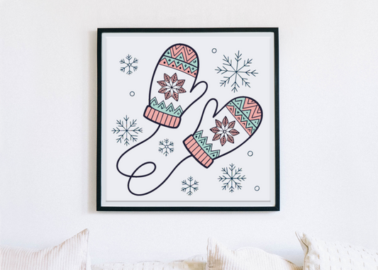 Cadre au style hivernal avec des moufles rétro et flocons pastel