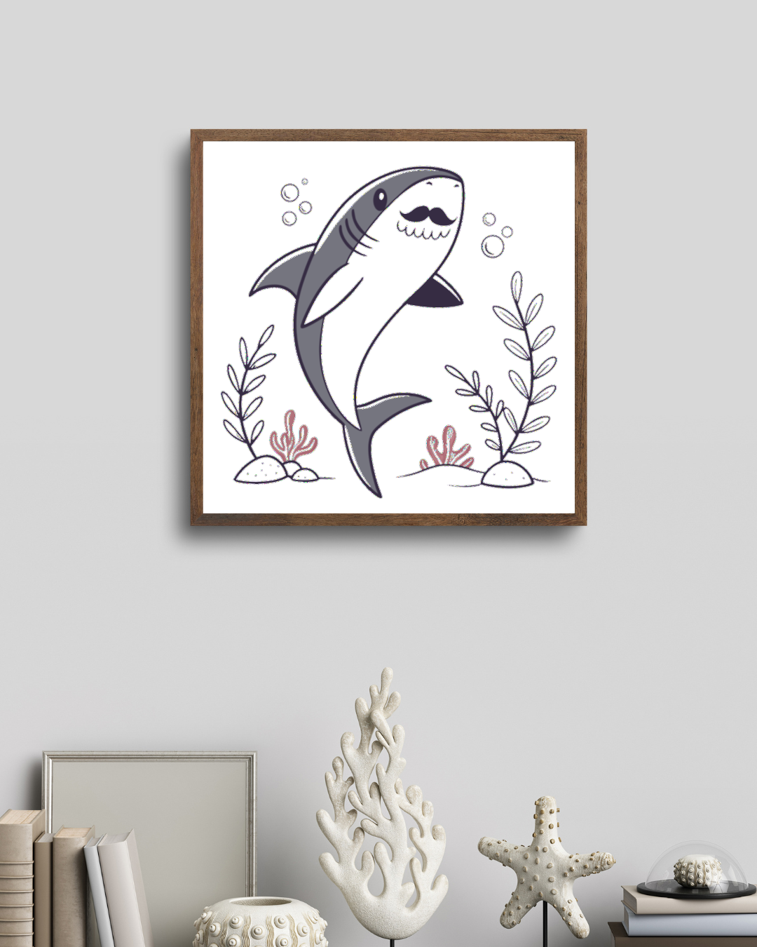 Cadre avec ornements marins stylisés et requin moustachu élégant ambiance rétro