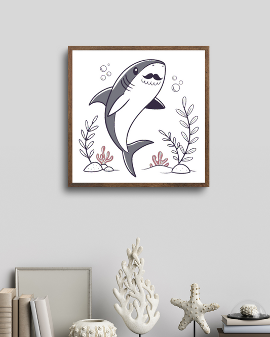 Cadre avec ornements marins stylisés et requin moustachu élégant ambiance rétro