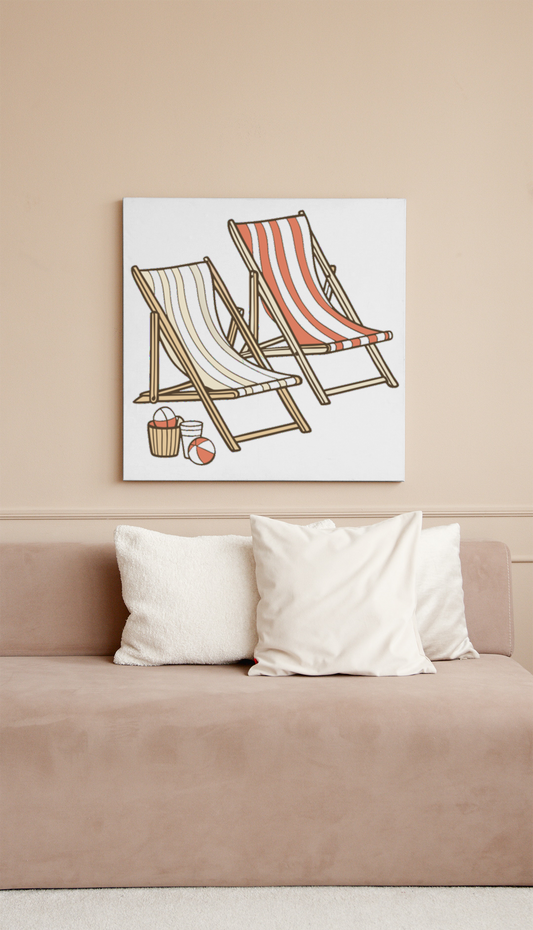 Cadre illustré d'un motif moderne de transats pastel inspirant la détente estivale