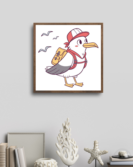 Cadre avec mouette aventurière illustrée dans un style flat thème voyage