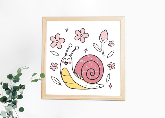 Cadre décoratif avec escargot joyeux et fleurs aux tons pastels, ambiance printanière