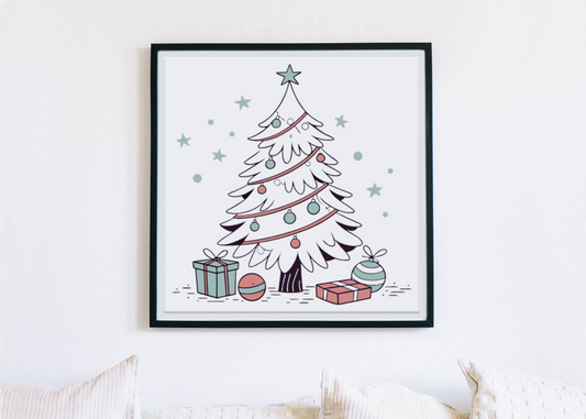 Cadre décoratif avec un sapin de Noël festif en doodle pour ambiance hivernale