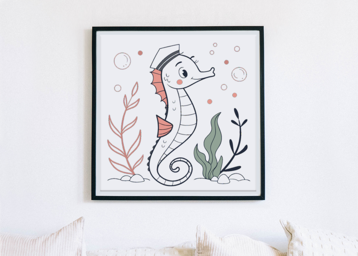 Cadre pastel avec hippocampe style aventure marine élégant et décoratif