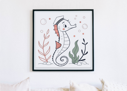 Cadre pastel avec hippocampe style aventure marine élégant et décoratif