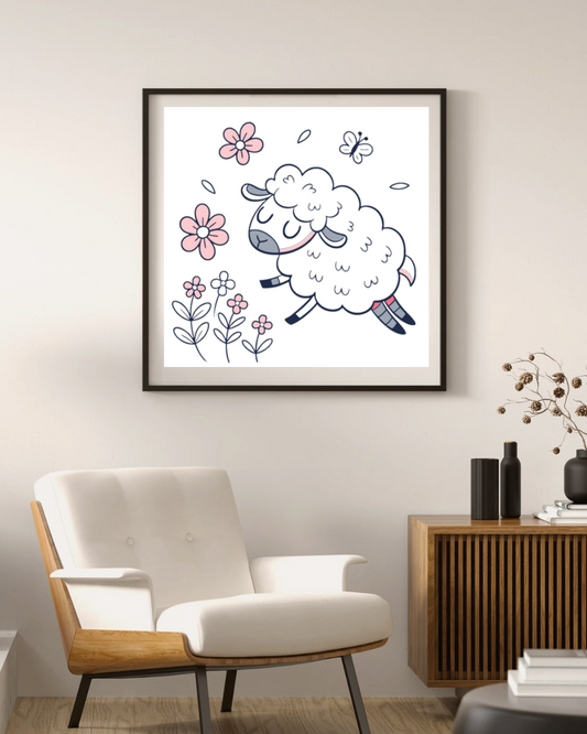 Cadre décoratif avec un mouton rêveur pastel parmi des fleurs de printemps