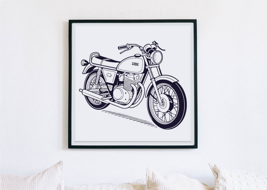 Motif Suzuki GT750 1971 sur fond cadre, idéal pour décorations rétro