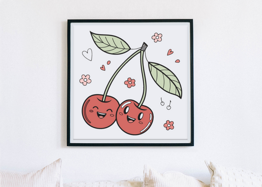 Cadre avec motif fruité amusant montrant des cerises souriantes, parfait pour égayer un espace