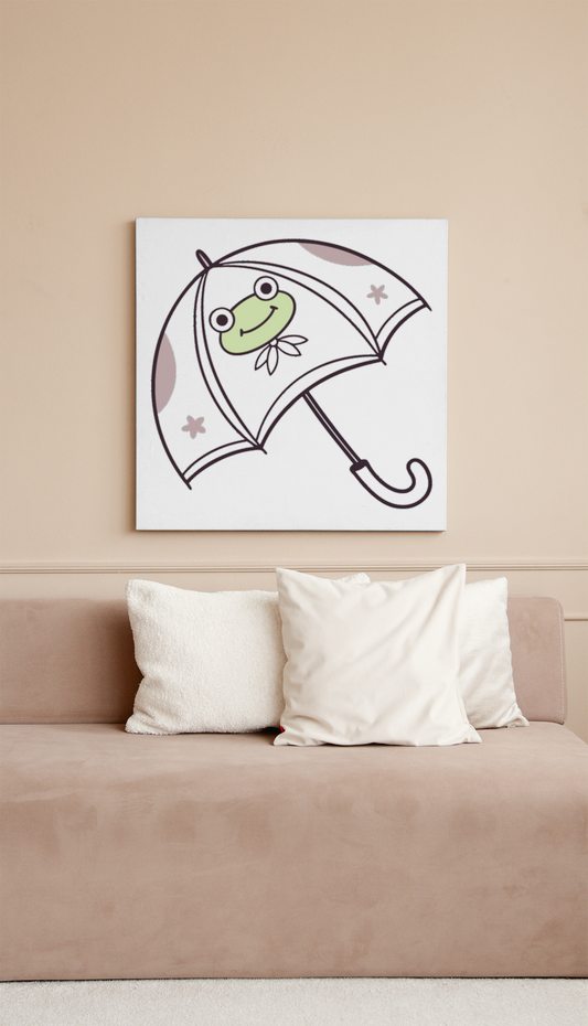 Cadre décoratif pastel avec grenouille joyeuse sous parapluie et gouttes de pluie