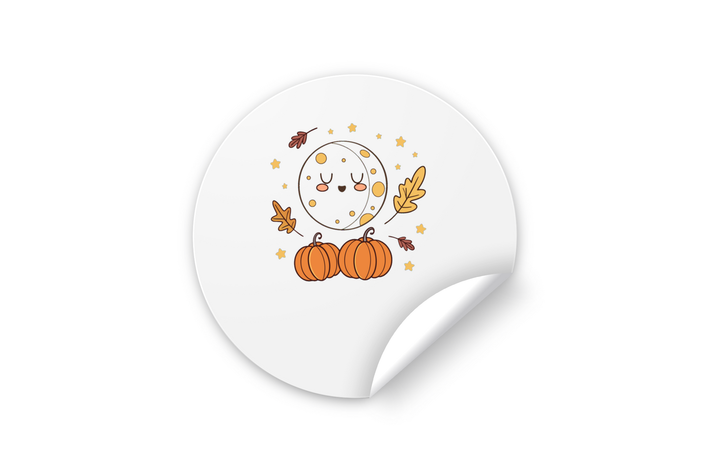 Sticker kawaii affichant une lune endormie entourée de citrouilles en thème automne