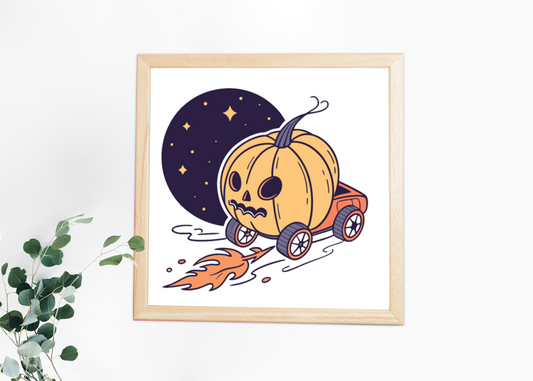 Cadre décoratif avec une citrouille en fusée dans un style Halloween dynamique