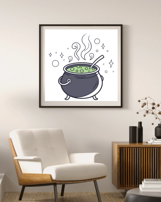Cadre au style mystique montrant un chaudron bouillonnant pour Halloween enigmatic