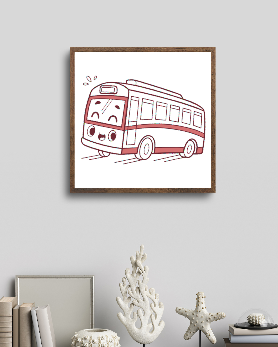 Cadre avec bus joyeux cartoon pour une aventure urbaine amusante et déco moderne