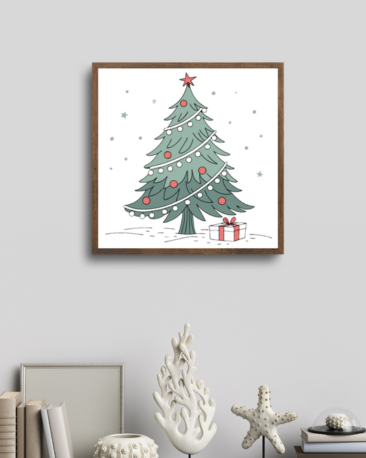 Cadre festif avec sapin et cadeau dans un style doux et enchanteur