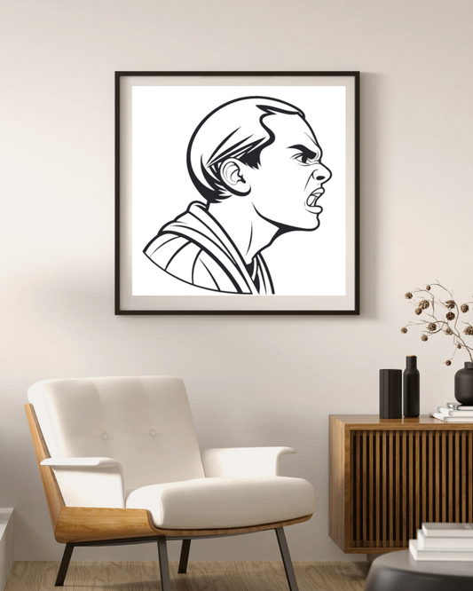 Cadre noir et blanc avec icône d'un jeune homme frustré en style monochrome