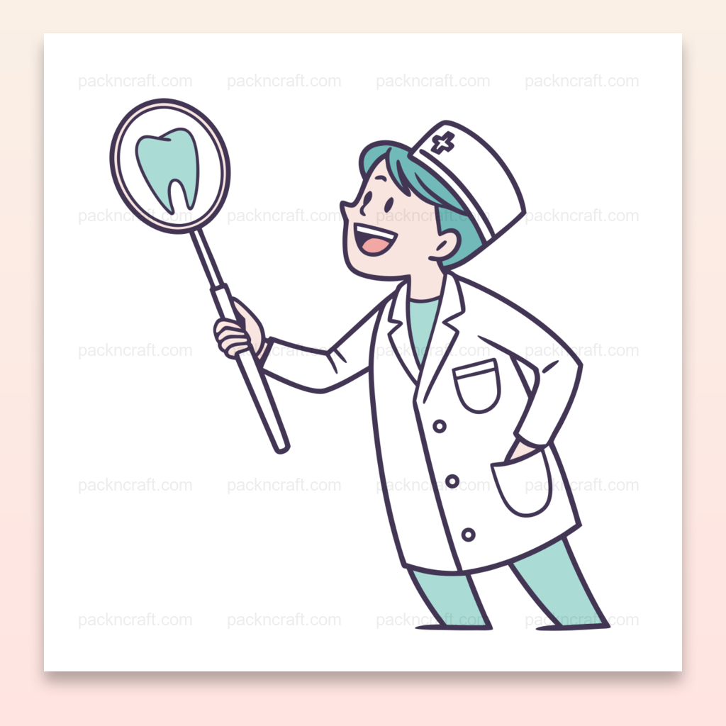 Dentiste souriant avec modèle de dent, idéal pour projets éducatifs et stickers., Dentiste joyeux avec dent en miroir pour mugs personnalisés et papeterie., Souriant dentiste avec modèle pour personnalisation de vêtements., Modèle de dent avec dentiste, parfait pour cadres et décoration intérieure., Dentiste heureux avec modèle de dent, conception pour stickers éducatifs.