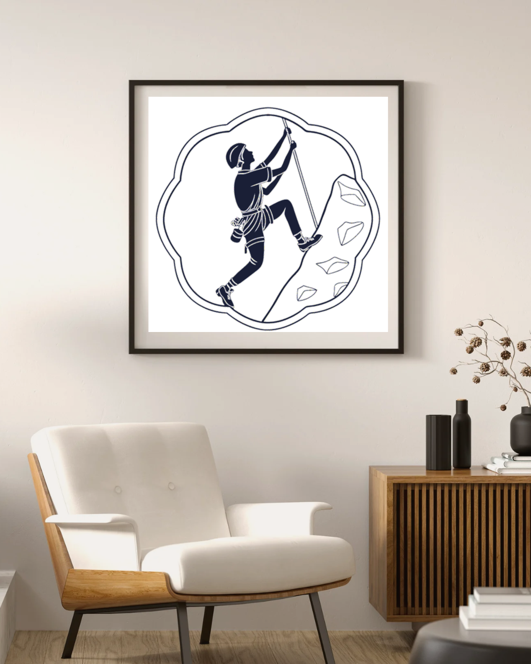 Cadre décoratif avec illustration dynamique d'un escaladeur en pleine action