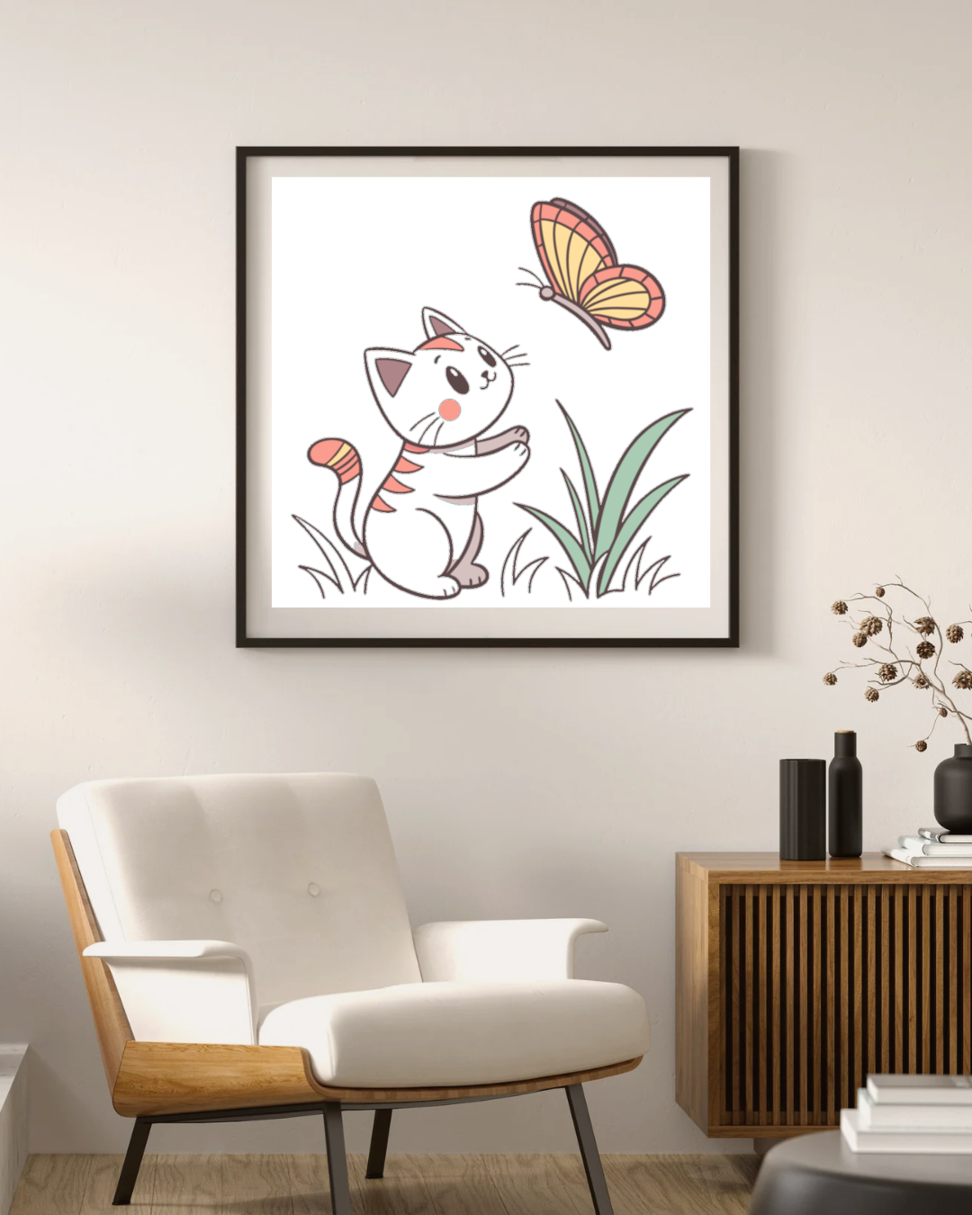 Cadre avec chat enchanté et papillon dans une mise en scène naturelle douce