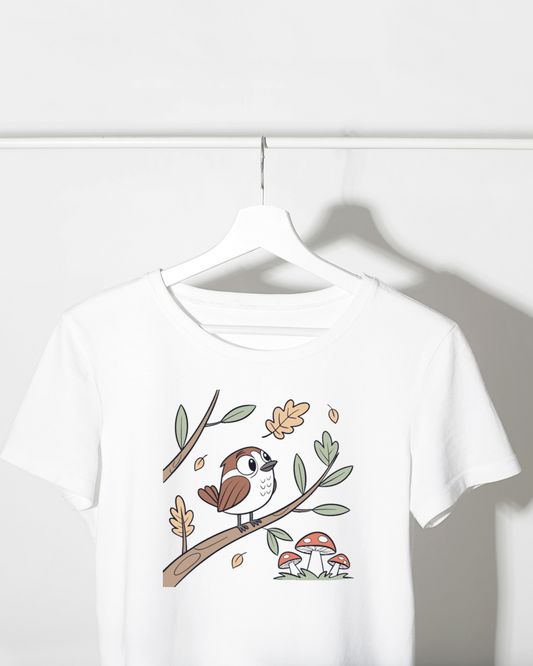 T-shirt avec dessin automnal d'un oiseau curieux sur branche en style doodle