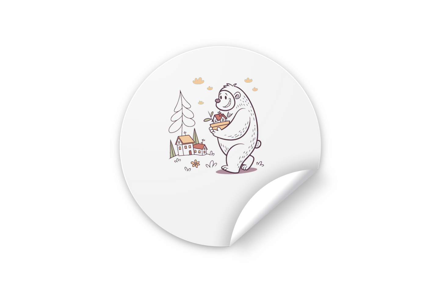 Sticker avec dessin doodle d'un ours tenant des maisons dans un cadre forestier