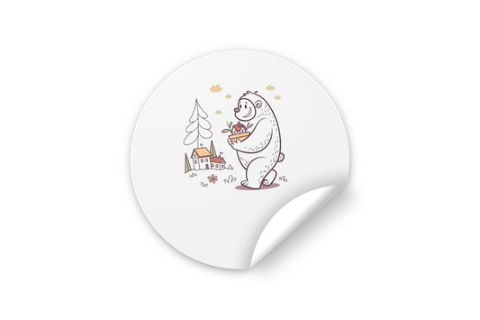Sticker avec dessin doodle d'un ours tenant des maisons dans un cadre forestier