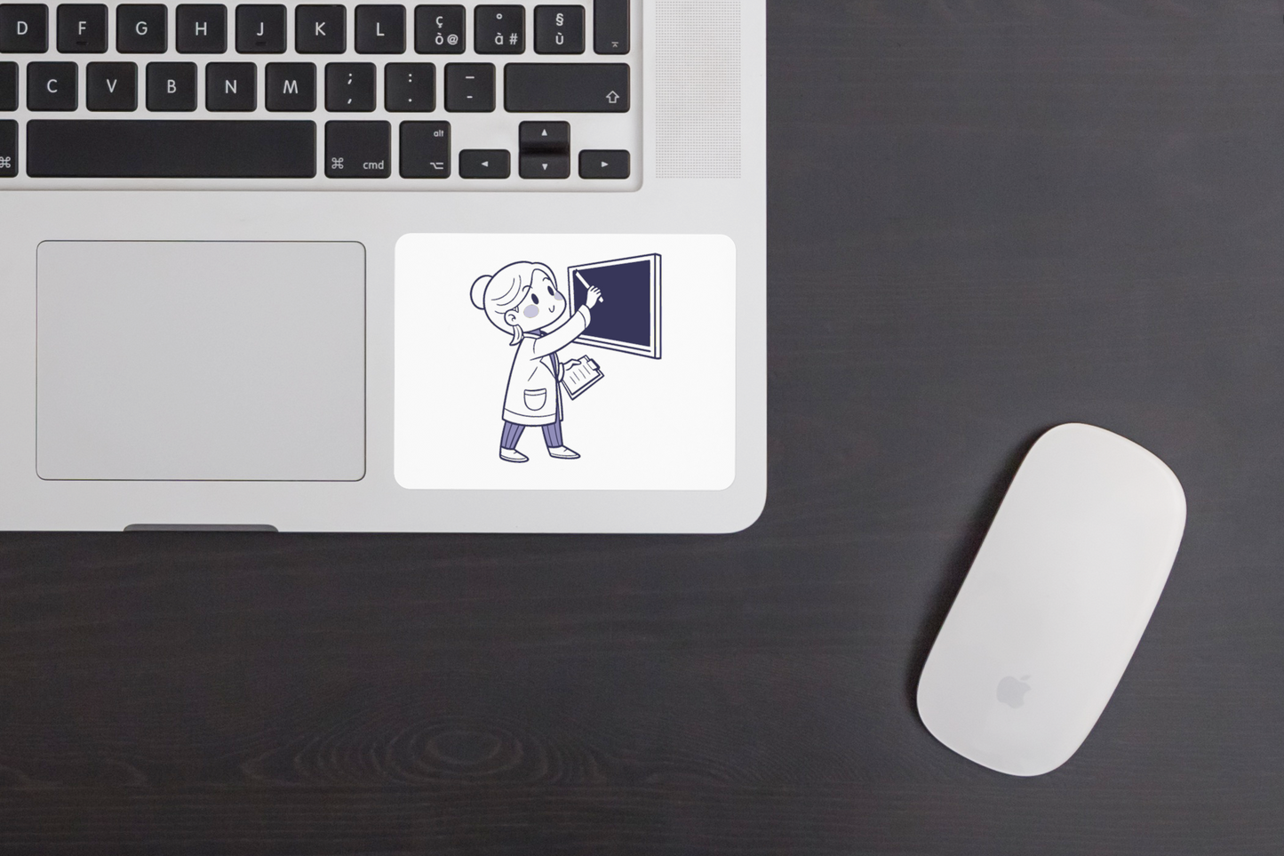 Sticker éducatif monochrome représentant une enseignante réfléchie en pose sereine