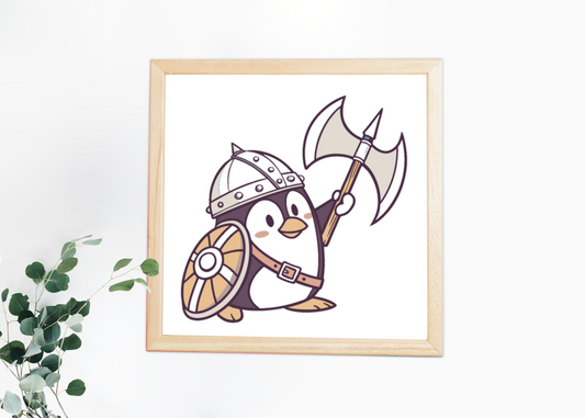 Cadre avec un pingouin viking cartoon décoratif et épique dans un style aventureux