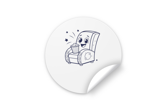 Sticker enfantin avec fauteuil joyeux rempli de popcorn sur fond de décor cinéma