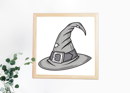 Cadre avec un chapeau de sorcier mystérieux sur fond noir, style Halloween moderne